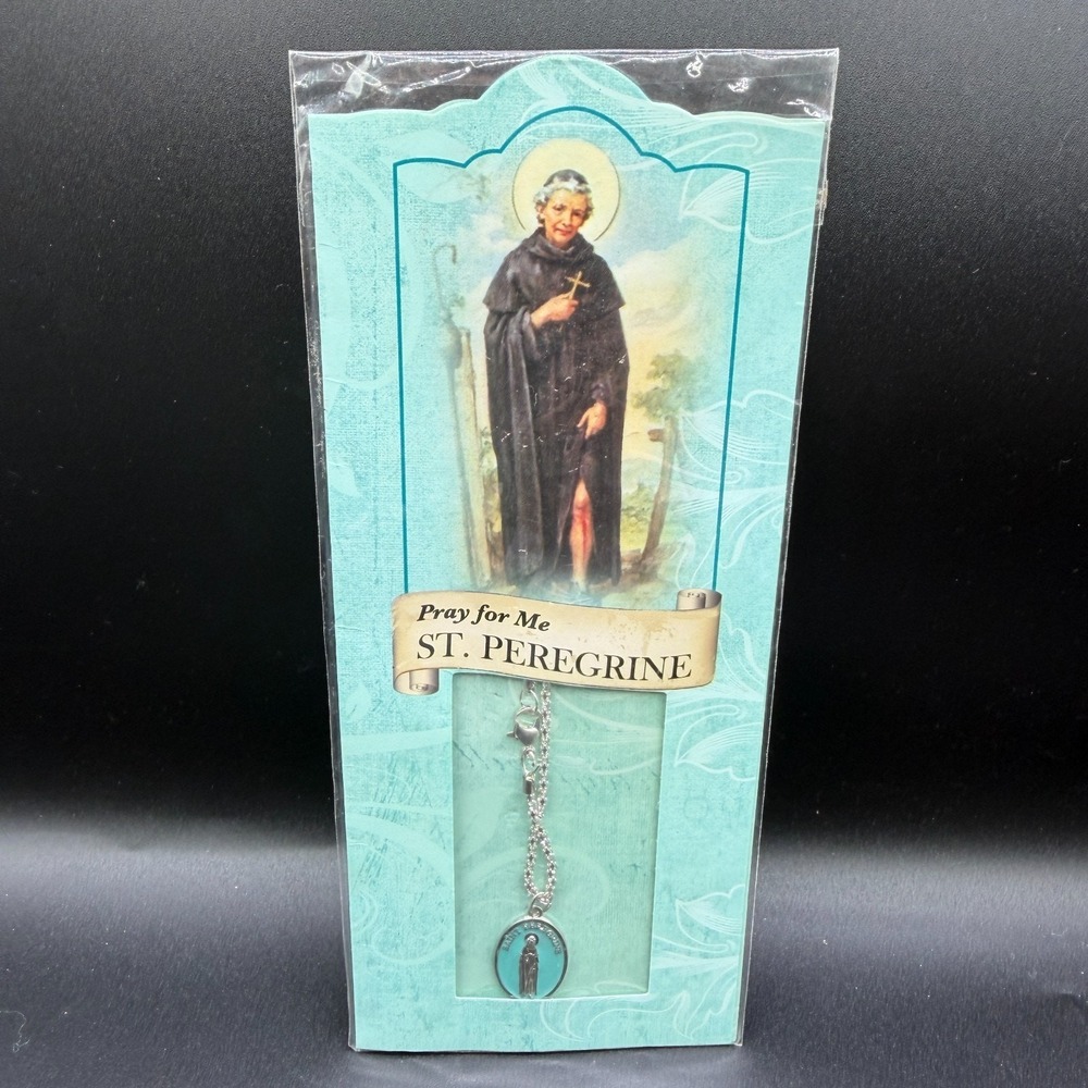 St Peregrine Medal Necklace Teal & Silver Tone Catholic Saint Prayer Pendant